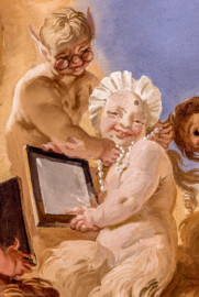 Schloss Bruchsal - Hauptbau / Corps de Logis - Beletage - Marmorsaal / Kaisersaal - Deckenfresko, äußere Zone, nordwestlich des Zentrums der Decke - Darstellung der Eitelkeit, mit einer Perlenkette um den Hals und einem Spiegel in der Hand, umgeben von Satyrn (u.a. mit Brille) (Deckenfresko urspünglich gemalt 1754 von Johannes Zick, originalgetreu rekonstruiert 1971 bis 1974 von Wolfram Köberl; Stuck urspünglich von Johann Michael Feuchtmayer dem Jüngeren, rekonstruiert 1962 bis 1969 von Jakob und Josef Schnitzer) (aufgenommen im August 2020, am frühen Nachmittag) Schloss Bruchsal - Hauptbau / Corps de Logis - Beletage - Marmorsaal / Kaisersaal - Deckenfresko, äußere Zone, nordwestlich des Zentrums der Decke - Darstellung der Eitelkeit, mit einer Perlenkette um den Hals und einem Spiegel in der Hand, umgeben von Satyrn (u.a. mit Brille) (Deckenfresko urspünglich gemalt 1754 von Johannes Zick, originalgetreu rekonstruiert 1971 bis 1974 von Wolfram Köberl; Stuck urspünglich von Johann Michael Feuchtmayer dem Jüngeren, rekonstruiert 1962 bis 1969 von Jakob und Josef Schnitzer) (aufgenommen im August 2020, am frühen Nachmittag)