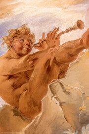 Schloss Bruchsal - Hauptbau / Corps de Logis - Beletage - Marmorsaal / Kaisersaal - Deckenfresko, äußere Zone, nordwestlich des Zentrums der Decke - Blick auf eine Figur (Deckenfresko urspünglich gemalt 1754 von Johannes Zick, originalgetreu rekonstruiert 1971 bis 1974 von Wolfram Köberl; Stuck urspünglich von Johann Michael Feuchtmayer dem Jüngeren, rekonstruiert 1962 bis 1969 von Jakob und Josef Schnitzer) (aufgenommen im August 2020, am Nachmittag) Schloss Bruchsal - Hauptbau / Corps de Logis - Beletage - Marmorsaal / Kaisersaal - Deckenfresko, äußere Zone, nordwestlich des Zentrums der Decke - Blick auf eine Figur (Deckenfresko urspünglich gemalt 1754 von Johannes Zick, originalgetreu rekonstruiert 1971 bis 1974 von Wolfram Köberl; Stuck urspünglich von Johann Michael Feuchtmayer dem Jüngeren, rekonstruiert 1962 bis 1969 von Jakob und Josef Schnitzer) (aufgenommen im August 2020, am Nachmittag)