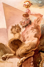 Schloss Bruchsal - Hauptbau / Corps de Logis - Beletage - Marmorsaal / Kaisersaal - Deckenfresko, äußere Zone, nordwestlich des Zentrums der Decke - Darstellung zweier Satyrn (Deckenfresko urspünglich gemalt 1754 von Johannes Zick, originalgetreu rekonstruiert 1971 bis 1974 von Wolfram Köberl; Stuck urspünglich von Johann Michael Feuchtmayer dem Jüngeren, rekonstruiert 1962 bis 1969 von Jakob und Josef Schnitzer) (aufgenommen im August 2020, am Nachmittag) Schloss Bruchsal - Hauptbau / Corps de Logis - Beletage - Marmorsaal / Kaisersaal - Deckenfresko, äußere Zone, nordwestlich des Zentrums der Decke - Darstellung zweier Satyrn (Deckenfresko urspünglich gemalt 1754 von Johannes Zick, originalgetreu rekonstruiert 1971 bis 1974 von Wolfram Köberl; Stuck urspünglich von Johann Michael Feuchtmayer dem Jüngeren, rekonstruiert 1962 bis 1969 von Jakob und Josef Schnitzer) (aufgenommen im August 2020, am Nachmittag)