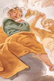 Schloss Bruchsal - Hauptbau / Corps de Logis - Beletage - Marmorsaal / Kaisersaal - Deckenfresko, äußere Zone, östlich des Zentrums der Decke - Darstellung der Fruchtbarkeitsgöttin Ceres / Demeter mit Blütenkranz und einem Begleiter mit dem Füllhorn (Deckenfresko urspünglich gemalt 1754 von Johannes Zick, originalgetreu rekonstruiert 1971 bis 1974 von Wolfram Köberl; Stuck urspünglich von Johann Michael Feuchtmayer dem Jüngeren, rekonstruiert 1962 bis 1969 von Jakob und Josef Schnitzer) (aufgenommen im August 2020, am Nachmittag) Schloss Bruchsal - Hauptbau / Corps de Logis - Beletage - Marmorsaal / Kaisersaal - Deckenfresko, äußere Zone, östlich des Zentrums der Decke - Darstellung der Fruchtbarkeitsgöttin Ceres / Demeter mit Blütenkranz und einem Begleiter mit dem Füllhorn (Deckenfresko urspünglich gemalt 1754 von Johannes Zick, originalgetreu rekonstruiert 1971 bis 1974 von Wolfram Köberl; Stuck urspünglich von Johann Michael Feuchtmayer dem Jüngeren, rekonstruiert 1962 bis 1969 von Jakob und Josef Schnitzer) (aufgenommen im August 2020, am Nachmittag)