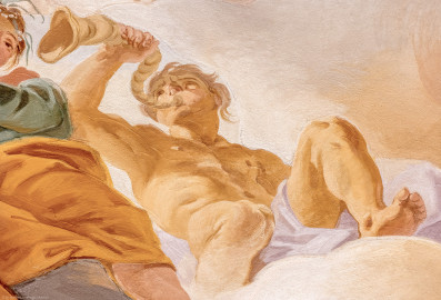 Schloss Bruchsal - Hauptbau / Corps de Logis - Beletage - Marmorsaal / Kaisersaal - Deckenfresko, äußere Zone, östlich des Zentrums der Decke - Darstellung der Fruchtbarkeitsgöttin Ceres / Demeter mit Blütenkranz (links) und einem Begleiter (rechts) mit dem Füllhorn (Deckenfresko urspünglich gemalt 1754 von Johannes Zick, originalgetreu rekonstruiert 1971 bis 1974 von Wolfram Köberl; Stuck urspünglich von Johann Michael Feuchtmayer dem Jüngeren, rekonstruiert 1962 bis 1969 von Jakob und Josef Schnitzer) (aufgenommen im August 2020, am Nachmittag) Schloss Bruchsal - Hauptbau / Corps de Logis - Beletage - Marmorsaal / Kaisersaal - Deckenfresko, äußere Zone, östlich des Zentrums der Decke - Darstellung der Fruchtbarkeitsgöttin Ceres / Demeter mit Blütenkranz (links) und einem Begleiter (rechts) mit dem Füllhorn (Deckenfresko urspünglich gemalt 1754 von Johannes Zick, originalgetreu rekonstruiert 1971 bis 1974 von Wolfram Köberl; Stuck urspünglich von Johann Michael Feuchtmayer dem Jüngeren, rekonstruiert 1962 bis 1969 von Jakob und Josef Schnitzer) (aufgenommen im August 2020, am Nachmittag)