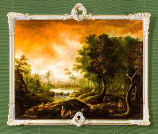 Schloss Bruchsal - Hauptbau / Corps de Logis - Beletage - Galeriezimmer - Südwand - Gemälde Nr. 77 - "Waldlandschaft mit Jagdszene" (gemalt von Christoph (oder Catharina?) Treu, 1764/68; Inv.Nr. G 692) (aufgenommen im August 2020, um die Mittagszeit) Schloss Bruchsal - Hauptbau / Corps de Logis - Beletage - Galeriezimmer - Südwand - Gemälde Nr. 77 - "Waldlandschaft mit Jagdszene" (gemalt von Christoph (oder Catharina?) Treu, 1764/68; Inv.Nr. G 692) (aufgenommen im August 2020, um die Mittagszeit)
