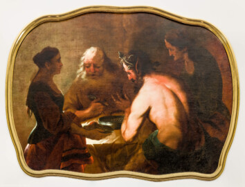 Schloss Bruchsal - Hauptbau / Corps de Logis - Beletage - Gelbes Zimmer - Südwand - Gemälde Nr. 134 - Supraporte "Der Satyr beim Bauern" (gemalt von Johannes Zick, 1755/60; Inv.Nr. G 758)  (aufgenommen im August 2020, am späten Vormittag)
