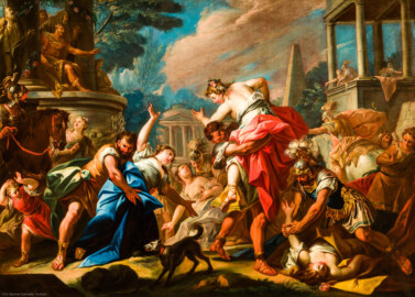 Schloss Bruchsal - Hauptbau / Corps de Logis - Beletage - Gelbes Zimmer - Nordwand - Gemälde Nr. 67 - "Raub der Sabinerinnen" (gemalt von Januarius Zick; Inv.Nr. G 679) (aufgenommen im August 2020, um die Mittagszeit) Schloss Bruchsal - Hauptbau / Corps de Logis - Beletage - Gelbes Zimmer - Nordwand - Gemälde Nr. 67 - "Raub der Sabinerinnen" (gemalt von Januarius Zick; Inv.Nr. G 679) (aufgenommen im August 2020, um die Mittagszeit)