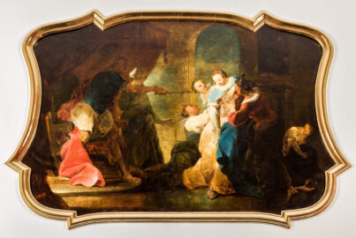 Schloss Bruchsal - Hauptbau / Corps de Logis - Beletage - Watteau-Kabinett - Westwand - Gemälde Nr. 90 - Supraporte "Esther vor Ahasver" (biblische Szene aus dem Alten Testament; gemalt von Johannes oder Januarius Zick, 1751?; Inv.Nr. G 779) (aufgenommen im August 2020, am frühen Nachmittag) Schloss Bruchsal - Hauptbau / Corps de Logis - Beletage - Watteau-Kabinett - Westwand - Gemälde Nr. 90 - Supraporte "Esther vor Ahasver" (biblische Szene aus dem Alten Testament; gemalt von Johannes oder Januarius Zick, 1751?; Inv.Nr. G 779) (aufgenommen im August 2020, am frühen Nachmittag)