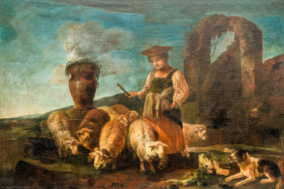 Schloss Bruchsal - Hauptbau / Corps de Logis - Beletage - Blaues Zimmer - Westwand - Gemälde Nr. 35 - Supraporte "Hirtin mit Schafen" (gemalt vermutlich von Philipp Peter Roos, um 1700; Inv.Nr. G 776) (aufgenommen im August 2020, am Nachmittag) Schloss Bruchsal - Hauptbau / Corps de Logis - Beletage - Blaues Zimmer - Westwand - Gemälde Nr. 35 - Supraporte "Hirtin mit Schafen" (gemalt vermutlich von Philipp Peter Roos, um 1700; Inv.Nr. G 776) (aufgenommen im August 2020, am Nachmittag)