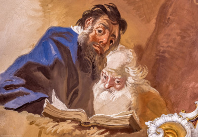 Schloss Bruchsal - Hauptbau / Corps de Logis - Beletage - Marmorsaal / Kaisersaal - Deckenfresko, äußere Zone, südwestlich des Zentrums der Decke - Darstellung zweier Gelehrter (Deckenfresko urspünglich gemalt 1754 von Johannes Zick, originalgetreu rekonstruiert 1971 bis 1974 von Wolfram Köberl; Stuck urspünglich von Johann Michael Feuchtmayer dem Jüngeren, rekonstruiert 1962 bis 1969 von Jakob und Josef Schnitzer) (aufgenommen im September 2020, am Nachmittag) Schloss Bruchsal - Hauptbau / Corps de Logis - Beletage - Marmorsaal / Kaisersaal - Deckenfresko, äußere Zone, südwestlich des Zentrums der Decke - Darstellung zweier Gelehrter (Deckenfresko urspünglich gemalt 1754 von Johannes Zick, originalgetreu rekonstruiert 1971 bis 1974 von Wolfram Köberl; Stuck urspünglich von Johann Michael Feuchtmayer dem Jüngeren, rekonstruiert 1962 bis 1969 von Jakob und Josef Schnitzer) (aufgenommen im September 2020, am Nachmittag)