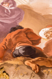 Schloss Bruchsal - Hauptbau / Corps de Logis - Beletage - Marmorsaal / Kaisersaal - Deckenfresko, äußere Zone, südwestlich - Darstellung orientalische Männer (Deckenfresko urspünglich gemalt 1754 von Johannes Zick, originalgetreu rekonstruiert 1971 bis 1974 von Wolfram Köberl; Stuck urspünglich von Johann Michael Feuchtmayer dem Jüngeren, rekonstruiert 1962 bis 1969 von Jakob und Josef Schnitzer) (aufgenommen im September 2020, am Nachmittag) Schloss Bruchsal - Hauptbau / Corps de Logis - Beletage - Marmorsaal / Kaisersaal - Deckenfresko, äußere Zone, südwestlich - Darstellung orientalische Männer (Deckenfresko urspünglich gemalt 1754 von Johannes Zick, originalgetreu rekonstruiert 1971 bis 1974 von Wolfram Köberl; Stuck urspünglich von Johann Michael Feuchtmayer dem Jüngeren, rekonstruiert 1962 bis 1969 von Jakob und Josef Schnitzer) (aufgenommen im September 2020, am Nachmittag)