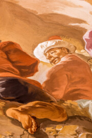 Schloss Bruchsal - Hauptbau / Corps de Logis - Beletage - Marmorsaal / Kaisersaal - Deckenfresko, äußere Zone, südwestlich - Darstellung orientalische Männer (Deckenfresko urspünglich gemalt 1754 von Johannes Zick, originalgetreu rekonstruiert 1971 bis 1974 von Wolfram Köberl; Stuck urspünglich von Johann Michael Feuchtmayer dem Jüngeren, rekonstruiert 1962 bis 1969 von Jakob und Josef Schnitzer) (aufgenommen im September 2020, am Nachmittag) Schloss Bruchsal - Hauptbau / Corps de Logis - Beletage - Marmorsaal / Kaisersaal - Deckenfresko, äußere Zone, südwestlich - Darstellung orientalische Männer (Deckenfresko urspünglich gemalt 1754 von Johannes Zick, originalgetreu rekonstruiert 1971 bis 1974 von Wolfram Köberl; Stuck urspünglich von Johann Michael Feuchtmayer dem Jüngeren, rekonstruiert 1962 bis 1969 von Jakob und Josef Schnitzer) (aufgenommen im September 2020, am Nachmittag)