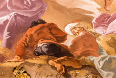 Schloss Bruchsal - Hauptbau / Corps de Logis - Beletage - Marmorsaal / Kaisersaal - Deckenfresko, äußere Zone, südwestlich - Darstellung orientalische Männer (Deckenfresko urspünglich gemalt 1754 von Johannes Zick, originalgetreu rekonstruiert 1971 bis 1974 von Wolfram Köberl; Stuck urspünglich von Johann Michael Feuchtmayer dem Jüngeren, rekonstruiert 1962 bis 1969 von Jakob und Josef Schnitzer) (aufgenommen im September 2020, am Nachmittag) Schloss Bruchsal - Hauptbau / Corps de Logis - Beletage - Marmorsaal / Kaisersaal - Deckenfresko, äußere Zone, südwestlich - Darstellung orientalische Männer (Deckenfresko urspünglich gemalt 1754 von Johannes Zick, originalgetreu rekonstruiert 1971 bis 1974 von Wolfram Köberl; Stuck urspünglich von Johann Michael Feuchtmayer dem Jüngeren, rekonstruiert 1962 bis 1969 von Jakob und Josef Schnitzer) (aufgenommen im September 2020, am Nachmittag)