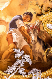 Schloss Bruchsal - Hauptbau / Corps de Logis - Beletage - Marmorsaal / Kaisersaal - Deckenfresko, äußere Zone, südlich - Ausschnitt aus dem Ewigen Herdfeuer im Tempel der Vesta - Darstellung eines Jungen mit Esel (Deckenfresko urspünglich gemalt 1754 von Johannes Zick, originalgetreu rekonstruiert 1971 bis 1974 von Wolfram Köberl; Stuck urspünglich von Johann Michael Feuchtmayer dem Jüngeren, rekonstruiert 1962 bis 1969 von Jakob und Josef Schnitzer) (aufgenommen im September 2020, am Nachmittag) Schloss Bruchsal - Hauptbau / Corps de Logis - Beletage - Marmorsaal / Kaisersaal - Deckenfresko, äußere Zone, südlich - Ausschnitt aus dem Ewigen Herdfeuer im Tempel der Vesta - Darstellung eines Jungen mit Esel (Deckenfresko urspünglich gemalt 1754 von Johannes Zick, originalgetreu rekonstruiert 1971 bis 1974 von Wolfram Köberl; Stuck urspünglich von Johann Michael Feuchtmayer dem Jüngeren, rekonstruiert 1962 bis 1969 von Jakob und Josef Schnitzer) (aufgenommen im September 2020, am Nachmittag)