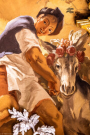 Schloss Bruchsal - Hauptbau / Corps de Logis - Beletage - Marmorsaal / Kaisersaal - Deckenfresko, äußere Zone, südlich - Ausschnitt aus dem Ewigen Herdfeuer im Tempel der Vesta - Darstellung eines Jungen mit Esel (Deckenfresko urspünglich gemalt 1754 von Johannes Zick, originalgetreu rekonstruiert 1971 bis 1974 von Wolfram Köberl; Stuck urspünglich von Johann Michael Feuchtmayer dem Jüngeren, rekonstruiert 1962 bis 1969 von Jakob und Josef Schnitzer) (aufgenommen im September 2020, am Nachmittag) Schloss Bruchsal - Hauptbau / Corps de Logis - Beletage - Marmorsaal / Kaisersaal - Deckenfresko, äußere Zone, südlich - Ausschnitt aus dem Ewigen Herdfeuer im Tempel der Vesta - Darstellung eines Jungen mit Esel (Deckenfresko urspünglich gemalt 1754 von Johannes Zick, originalgetreu rekonstruiert 1971 bis 1974 von Wolfram Köberl; Stuck urspünglich von Johann Michael Feuchtmayer dem Jüngeren, rekonstruiert 1962 bis 1969 von Jakob und Josef Schnitzer) (aufgenommen im September 2020, am Nachmittag)