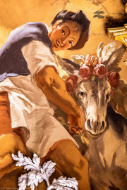 Schloss Bruchsal - Hauptbau / Corps de Logis - Beletage - Marmorsaal / Kaisersaal - Deckenfresko, äußere Zone, südlich - Ausschnitt aus dem Ewigen Herdfeuer im Tempel der Vesta - Darstellung eines Jungen mit Esel (Deckenfresko urspünglich gemalt 1754 von Johannes Zick, originalgetreu rekonstruiert 1971 bis 1974 von Wolfram Köberl; Stuck urspünglich von Johann Michael Feuchtmayer dem Jüngeren, rekonstruiert 1962 bis 1969 von Jakob und Josef Schnitzer) (aufgenommen im September 2020, am Nachmittag) Schloss Bruchsal - Hauptbau / Corps de Logis - Beletage - Marmorsaal / Kaisersaal - Deckenfresko, äußere Zone, südlich - Ausschnitt aus dem Ewigen Herdfeuer im Tempel der Vesta - Darstellung eines Jungen mit Esel (Deckenfresko urspünglich gemalt 1754 von Johannes Zick, originalgetreu rekonstruiert 1971 bis 1974 von Wolfram Köberl; Stuck urspünglich von Johann Michael Feuchtmayer dem Jüngeren, rekonstruiert 1962 bis 1969 von Jakob und Josef Schnitzer) (aufgenommen im September 2020, am Nachmittag)