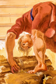 Schloss Bruchsal - Hauptbau / Corps de Logis - Beletage - Marmorsaal / Kaisersaal - Deckenfresko, äußere Zone, südlich - Ausschnitt aus dem ewigen Herdfeuer im Tempel der Vesta - Darstellung eines Mannes, Holznachschub für das Herdfeuer bringend (Deckenfresko urspünglich gemalt 1754 von Johannes Zick, originalgetreu rekonstruiert 1971 bis 1974 von Wolfram Köberl; Stuck urspünglich von Johann Michael Feuchtmayer dem Jüngeren, rekonstruiert 1962 bis 1969 von Jakob und Josef Schnitzer) (aufgenommen im September 2020, am Nachmittag) Schloss Bruchsal - Hauptbau / Corps de Logis - Beletage - Marmorsaal / Kaisersaal - Deckenfresko, äußere Zone, südlich - Ausschnitt aus dem ewigen Herdfeuer im Tempel der Vesta - Darstellung eines Mannes, Holznachschub für das Herdfeuer bringend (Deckenfresko urspünglich gemalt 1754 von Johannes Zick, originalgetreu rekonstruiert 1971 bis 1974 von Wolfram Köberl; Stuck urspünglich von Johann Michael Feuchtmayer dem Jüngeren, rekonstruiert 1962 bis 1969 von Jakob und Josef Schnitzer) (aufgenommen im September 2020, am Nachmittag)