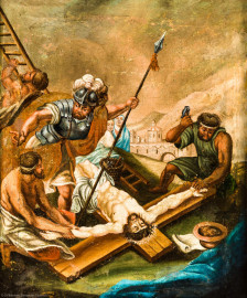 Waghäusel - Wallfahrtskirche - Von innen - Längsschiff - Bilderzyklus "Kreuzweg" - Kreuzwegstation XI "Jesus wird ans Kreuz genagelt" (aufgenommen im September 2020, am Nachmittag) Waghäusel - Wallfahrtskirche - Von innen - Längsschiff - Bilderzyklus "Kreuzweg" - Kreuzwegstation XI "Jesus wird ans Kreuz genagelt" (aufgenommen im September 2020, am Nachmittag)