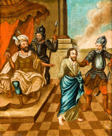 Waghäusel - Wallfahrtskirche - Von innen - Längsschiff - Bilderzyklus "Kreuzweg" - Kreuzwegstation I "Jesus wird zum Tode verurteilt" (aufgenommen im September 2020, am Nachmittag) Waghäusel - Wallfahrtskirche - Von innen - Längsschiff - Bilderzyklus "Kreuzweg" - Kreuzwegstation I "Jesus wird zum Tode verurteilt" (aufgenommen im September 2020, am Nachmittag)