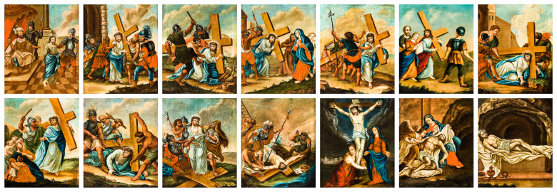 Waghäusel - Wallfahrtskirche - Von innen - Längsschiff - Bilderzyklus "Kreuzwegstationen" (aufgenommen im September 2020, am Nachmittag) Waghäusel - Wallfahrtskirche - Von innen - Längsschiff - Bilderzyklus "Kreuzwegstationen" (aufgenommen im September 2020, am Nachmittag)