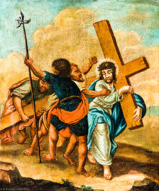 Waghäusel - Wallfahrtskirche - Von innen - Längsschiff - Bilderzyklus "Kreuzweg" - Kreuzwegstation V "Simon von Cyrene hilft Jesus das Kreuz tragen" (aufgenommen im September 2020, am Nachmittag) Waghäusel - Wallfahrtskirche - Von innen - Längsschiff - Bilderzyklus "Kreuzweg" - Kreuzwegstation V "Simon von Cyrene hilft Jesus das Kreuz tragen" (aufgenommen im September 2020, am Nachmittag)