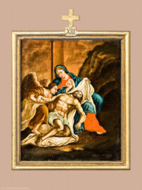 Waghäusel - Wallfahrtskirche - Von innen - Längsschiff - Bilderzyklus "Kreuzweg" - Kreuzwegstation XIII "Jesus wird vom Kreuz abgenommen und in den Schoß seiner Mutter gelegt" (aufgenommen im September 2020, am frühen Nachmittag)
