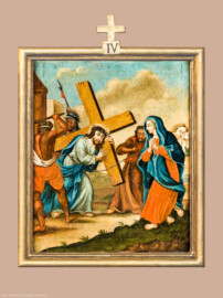 Waghäusel - Wallfahrtskirche - Von innen - Längsschiff - Bilderzyklus "Kreuzweg" - Kreuzwegstation IV "Jesus begegnet seiner Mutter" (aufgenommen im September 2020, am Nachmittag) Waghäusel - Wallfahrtskirche - Von innen - Längsschiff - Bilderzyklus "Kreuzweg" - Kreuzwegstation IV "Jesus begegnet seiner Mutter" (aufgenommen im September 2020, am Nachmittag)