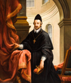 Schloss Bruchsal - Hauptbau / Corps de Logis - Von innen - Beletage - Fürstensaal - Westseite, Mitte - Ausschnitt aus dem Portrait von Eberhard von Dienheim (1581 bis 1610 Fürstbischof von Speyer) (ursprünglich gemalt von Johannes Zick, um 1753; rekonstruiert von Walter Maschke, 1973 bis 1974) (aufgenommen im Oktober 2020, um die Mittagszeit)