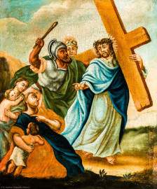 Waghäusel - Wallfahrtskirche - Von innen - Längsschiff - Bilderzyklus "Kreuzweg" - Kreuzwegstation VIII "Jesus begegnet den weinenden Frauen" (aufgenommen im Oktober 2020, um die Mittagszeit) Waghäusel - Wallfahrtskirche - Von innen - Längsschiff - Bilderzyklus "Kreuzweg" - Kreuzwegstation VIII "Jesus begegnet den weinenden Frauen" (aufgenommen im Oktober 2020, um die Mittagszeit)