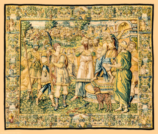 Schloss Bruchsal - Hauptbau / Corps de Logis - Von innen - Beletage - Gelbes Zimmer - Ostwand, nördliche Seite - Tapisserie "David besänftigt Saul mit Saitenspiel" aus der sechsteiligen Folge mit Szenen aus dem Alten Testament (hier: Episode aus der Geschichte Davids, 1. Buch Samuel, Kapitel 18; Inv.Nr. G 115; Höhe x Breite: 274 cm x 328 cm; hergestellt von Martin II Reymbouts in Brüssel, um 1600; restauriert 1965/66 und nach 2007) (aufgenommen im Oktober 2020, am späten Vormittag) Schloss Bruchsal - Hauptbau / Corps de Logis - Von innen - Beletage - Gelbes Zimmer - Ostwand, nördliche Seite - Tapisserie "David besänftigt Saul mit Saitenspiel" aus der sechsteiligen Folge mit Szenen aus dem Alten Testament (hier: Episode aus der Geschichte Davids, 1. Buch Samuel, Kapitel 18; Inv.Nr. G 115; Höhe x Breite: 274 cm x 328 cm; hergestellt von Martin II Reymbouts in Brüssel, um 1600; restauriert 1965/66 und nach 2007) (aufgenommen im Oktober 2020, am späten Vormittag)