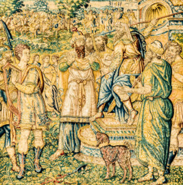 Schloss Bruchsal - Hauptbau / Corps de Logis - Von innen - Beletage - Gelbes Zimmer - Ostwand, nördliche Seite - Ausschnitt aus der Tapisserie "David besänftigt Saul mit Saitenspiel" der sechsteiligen Folge mit Szenen aus dem Alten Testament (hier: Episode aus der Geschichte Davids, 1. Buch Samuel, Kapitel 18; Inv.Nr. G 115; Höhe x Breite: 274 cm x 328 cm; hergestellt von Martin II Reymbouts in Brüssel, um 1600; restauriert 1965/66 und nach 2007) (aufgenommen im Oktober 2020, um die Mittagszeit) Schloss Bruchsal - Hauptbau / Corps de Logis - Von innen - Beletage - Gelbes Zimmer - Ostwand, nördliche Seite - Ausschnitt aus der Tapisserie "David besänftigt Saul mit Saitenspiel" der sechsteiligen Folge mit Szenen aus dem Alten Testament (hier: Episode aus der Geschichte Davids, 1. Buch Samuel, Kapitel 18; Inv.Nr. G 115; Höhe x Breite: 274 cm x 328 cm; hergestellt von Martin II Reymbouts in Brüssel, um 1600; restauriert 1965/66 und nach 2007) (aufgenommen im Oktober 2020, um die Mittagszeit)