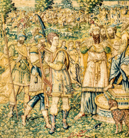 Schloss Bruchsal - Hauptbau / Corps de Logis - Von innen - Beletage - Gelbes Zimmer - Ostwand, nördliche Seite - Ausschnitt aus der Tapisserie "David besänftigt Saul mit Saitenspiel" der sechsteiligen Folge mit Szenen aus dem Alten Testament (hier: Episode aus der Geschichte Davids, 1. Buch Samuel, Kapitel 18; Inv.Nr. G 115; Höhe x Breite: 274 cm x 328 cm; hergestellt von Martin II Reymbouts in Brüssel, um 1600; restauriert 1965/66 und nach 2007) (aufgenommen im Oktober 2020, um die Mittagszeit) Schloss Bruchsal - Hauptbau / Corps de Logis - Von innen - Beletage - Gelbes Zimmer - Ostwand, nördliche Seite - Ausschnitt aus der Tapisserie "David besänftigt Saul mit Saitenspiel" der sechsteiligen Folge mit Szenen aus dem Alten Testament (hier: Episode aus der Geschichte Davids, 1. Buch Samuel, Kapitel 18; Inv.Nr. G 115; Höhe x Breite: 274 cm x 328 cm; hergestellt von Martin II Reymbouts in Brüssel, um 1600; restauriert 1965/66 und nach 2007) (aufgenommen im Oktober 2020, um die Mittagszeit)