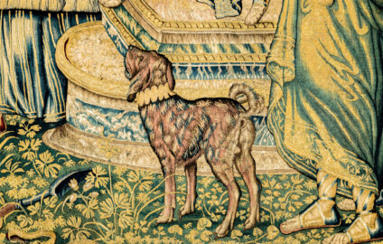 Schloss Bruchsal - Hauptbau / Corps de Logis - Von innen - Beletage - Gelbes Zimmer - Ostwand, nördliche Seite - Ausschnitt (rechts unterhalb des Zentrums der Tapisserie) aus der Tapisserie "David besänftigt Saul mit Saitenspiel" der sechsteiligen Folge mit Szenen aus dem Alten Testament (hier: Episode aus der Geschichte Davids, 1. Buch Samuel, Kapitel 18; Inv.Nr. G 115; Höhe x Breite: 274 cm x 328 cm; hergestellt von Martin II Reymbouts in Brüssel, um 1600; restauriert 1965/66 und nach 2007) (aufgenommen im Oktober 2020, um die Mittagszeit) Schloss Bruchsal - Hauptbau / Corps de Logis - Von innen - Beletage - Gelbes Zimmer - Ostwand, nördliche Seite - Ausschnitt (rechts unterhalb des Zentrums der Tapisserie) aus der Tapisserie "David besänftigt Saul mit Saitenspiel" der sechsteiligen Folge mit Szenen aus dem Alten Testament (hier: Episode aus der Geschichte Davids, 1. Buch Samuel, Kapitel 18; Inv.Nr. G 115; Höhe x Breite: 274 cm x 328 cm; hergestellt von Martin II Reymbouts in Brüssel, um 1600; restauriert 1965/66 und nach 2007) (aufgenommen im Oktober 2020, um die Mittagszeit)