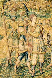 Schloss Bruchsal - Hauptbau / Corps de Logis - Von innen - Beletage - Gelbes Zimmer - Ostwand, nördliche Seite - Ausschnitt aus der Tapisserie "David besänftigt Saul mit Saitenspiel" der sechsteiligen Folge mit Szenen aus dem Alten Testament (hier: Episode aus der Geschichte Davids, 1. Buch Samuel, Kapitel 18; Inv.Nr. G 115; Höhe x Breite: 274 cm x 328 cm; hergestellt von Martin II Reymbouts in Brüssel, um 1600; restauriert 1965/66 und nach 2007) (aufgenommen im Oktober 2020, am frühen Nachmittag) Schloss Bruchsal - Hauptbau / Corps de Logis - Von innen - Beletage - Gelbes Zimmer - Ostwand, nördliche Seite - Ausschnitt aus der Tapisserie "David besänftigt Saul mit Saitenspiel" der sechsteiligen Folge mit Szenen aus dem Alten Testament (hier: Episode aus der Geschichte Davids, 1. Buch Samuel, Kapitel 18; Inv.Nr. G 115; Höhe x Breite: 274 cm x 328 cm; hergestellt von Martin II Reymbouts in Brüssel, um 1600; restauriert 1965/66 und nach 2007) (aufgenommen im Oktober 2020, am frühen Nachmittag)