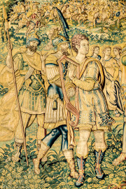 Schloss Bruchsal - Hauptbau / Corps de Logis - Von innen - Beletage - Gelbes Zimmer - Ostwand, nördliche Seite - Ausschnitt aus der Tapisserie "David besänftigt Saul mit Saitenspiel" der sechsteiligen Folge mit Szenen aus dem Alten Testament (hier: Episode aus der Geschichte Davids, 1. Buch Samuel, Kapitel 18; Inv.Nr. G 115; Höhe x Breite: 274 cm x 328 cm; hergestellt von Martin II Reymbouts in Brüssel, um 1600; restauriert 1965/66 und nach 2007) (aufgenommen im Oktober 2020, am frühen Nachmittag) Schloss Bruchsal - Hauptbau / Corps de Logis - Von innen - Beletage - Gelbes Zimmer - Ostwand, nördliche Seite - Ausschnitt aus der Tapisserie "David besänftigt Saul mit Saitenspiel" der sechsteiligen Folge mit Szenen aus dem Alten Testament (hier: Episode aus der Geschichte Davids, 1. Buch Samuel, Kapitel 18; Inv.Nr. G 115; Höhe x Breite: 274 cm x 328 cm; hergestellt von Martin II Reymbouts in Brüssel, um 1600; restauriert 1965/66 und nach 2007) (aufgenommen im Oktober 2020, am frühen Nachmittag)