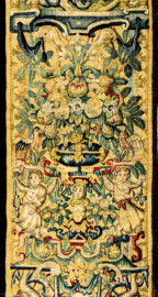 Schloss Bruchsal - Hauptbau / Corps de Logis - Von innen - Beletage - Gelbes Zimmer - Ostwand, nördliche Seite - Ausschnitt (linke Bordüre, unterhalb der Mitte) aus der Tapisserie "David besänftigt Saul mit Saitenspiel" der sechsteiligen Folge mit Szenen aus dem Alten Testament (hier: Episode aus der Geschichte Davids, 1. Buch Samuel, Kapitel 18; Inv.Nr. G 115; Höhe x Breite: 274 cm x 328 cm; hergestellt von Martin II Reymbouts in Brüssel, um 1600; restauriert 1965/66 und nach 2007) (aufgenommen im Oktober 2020, am frühen Nachmittag) Schloss Bruchsal - Hauptbau / Corps de Logis - Von innen - Beletage - Gelbes Zimmer - Ostwand, nördliche Seite - Ausschnitt (linke Bordüre, unterhalb der Mitte) aus der Tapisserie "David besänftigt Saul mit Saitenspiel" der sechsteiligen Folge mit Szenen aus dem Alten Testament (hier: Episode aus der Geschichte Davids, 1. Buch Samuel, Kapitel 18; Inv.Nr. G 115; Höhe x Breite: 274 cm x 328 cm; hergestellt von Martin II Reymbouts in Brüssel, um 1600; restauriert 1965/66 und nach 2007) (aufgenommen im Oktober 2020, am frühen Nachmittag)