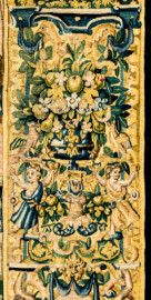 Schloss Bruchsal - Hauptbau / Corps de Logis - Von innen - Beletage - Gelbes Zimmer - Ostwand, nördliche Seite - Ausschnitt (rechte Bordüre, unterhalb der Mitte) aus der Tapisserie "David besänftigt Saul mit Saitenspiel" der sechsteiligen Folge mit Szenen aus dem Alten Testament (hier: Episode aus der Geschichte Davids, 1. Buch Samuel, Kapitel 18; Inv.Nr. G 115; Höhe x Breite: 274 cm x 328 cm; hergestellt von Martin II Reymbouts in Brüssel, um 1600; restauriert 1965/66 und nach 2007) (aufgenommen im Oktober 2020, am frühen Nachmittag) Schloss Bruchsal - Hauptbau / Corps de Logis - Von innen - Beletage - Gelbes Zimmer - Ostwand, nördliche Seite - Ausschnitt (rechte Bordüre, unterhalb der Mitte) aus der Tapisserie "David besänftigt Saul mit Saitenspiel" der sechsteiligen Folge mit Szenen aus dem Alten Testament (hier: Episode aus der Geschichte Davids, 1. Buch Samuel, Kapitel 18; Inv.Nr. G 115; Höhe x Breite: 274 cm x 328 cm; hergestellt von Martin II Reymbouts in Brüssel, um 1600; restauriert 1965/66 und nach 2007) (aufgenommen im Oktober 2020, am frühen Nachmittag)