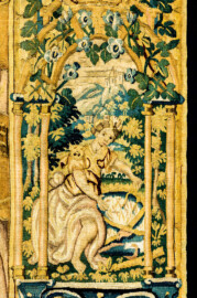 Schloss Bruchsal - Hauptbau / Corps de Logis - Von innen - Beletage - Gelbes Zimmer - Ostwand, nördliche Seite - Ausschnitt (rechte Bordüre, Mitte) aus der Tapisserie "David besänftigt Saul mit Saitenspiel" der sechsteiligen Folge mit Szenen aus dem Alten Testament (hier: Episode aus der Geschichte Davids, 1. Buch Samuel, Kapitel 18; Inv.Nr. G 115; Höhe x Breite: 274 cm x 328 cm; hergestellt von Martin II Reymbouts in Brüssel, um 1600; restauriert 1965/66 und nach 2007) (aufgenommen im Oktober 2020, am Nachmittag) Schloss Bruchsal - Hauptbau / Corps de Logis - Von innen - Beletage - Gelbes Zimmer - Ostwand, nördliche Seite - Ausschnitt (rechte Bordüre, Mitte) aus der Tapisserie "David besänftigt Saul mit Saitenspiel" der sechsteiligen Folge mit Szenen aus dem Alten Testament (hier: Episode aus der Geschichte Davids, 1. Buch Samuel, Kapitel 18; Inv.Nr. G 115; Höhe x Breite: 274 cm x 328 cm; hergestellt von Martin II Reymbouts in Brüssel, um 1600; restauriert 1965/66 und nach 2007) (aufgenommen im Oktober 2020, am Nachmittag)