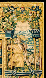 Schloss Bruchsal - Hauptbau / Corps de Logis - Von innen - Beletage - Gelbes Zimmer - Ostwand, nördliche Seite - Ausschnitt (rechte obere Ecke der Bordüre) aus der Tapisserie "David besänftigt Saul mit Saitenspiel" der sechsteiligen Folge mit Szenen aus dem Alten Testament (hier: Episode aus der Geschichte Davids, 1. Buch Samuel, Kapitel 18; Inv.Nr. G 115; Höhe x Breite: 274 cm x 328 cm; hergestellt von Martin II Reymbouts in Brüssel, um 1600; restauriert 1965/66 und nach 2007) (aufgenommen im Oktober 2020, am Nachmittag) Schloss Bruchsal - Hauptbau / Corps de Logis - Von innen - Beletage - Gelbes Zimmer - Ostwand, nördliche Seite - Ausschnitt (rechte obere Ecke der Bordüre) aus der Tapisserie "David besänftigt Saul mit Saitenspiel" der sechsteiligen Folge mit Szenen aus dem Alten Testament (hier: Episode aus der Geschichte Davids, 1. Buch Samuel, Kapitel 18; Inv.Nr. G 115; Höhe x Breite: 274 cm x 328 cm; hergestellt von Martin II Reymbouts in Brüssel, um 1600; restauriert 1965/66 und nach 2007) (aufgenommen im Oktober 2020, am Nachmittag)