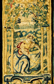 Schloss Bruchsal - Hauptbau / Corps de Logis - Von innen - Beletage - Gelbes Zimmer - Ostwand, nördliche Seite - Ausschnitt (linke Bordüre, Mitte) aus der Tapisserie "David besänftigt Saul mit Saitenspiel" der sechsteiligen Folge mit Szenen aus dem Alten Testament (hier: Episode aus der Geschichte Davids, 1. Buch Samuel, Kapitel 18; Inv.Nr. G 115; Höhe x Breite: 274 cm x 328 cm; hergestellt von Martin II Reymbouts in Brüssel, um 1600; restauriert 1965/66 und nach 2007) (aufgenommen im Oktober 2020, am Nachmittag) Schloss Bruchsal - Hauptbau / Corps de Logis - Von innen - Beletage - Gelbes Zimmer - Ostwand, nördliche Seite - Ausschnitt (linke Bordüre, Mitte) aus der Tapisserie "David besänftigt Saul mit Saitenspiel" der sechsteiligen Folge mit Szenen aus dem Alten Testament (hier: Episode aus der Geschichte Davids, 1. Buch Samuel, Kapitel 18; Inv.Nr. G 115; Höhe x Breite: 274 cm x 328 cm; hergestellt von Martin II Reymbouts in Brüssel, um 1600; restauriert 1965/66 und nach 2007) (aufgenommen im Oktober 2020, am Nachmittag)