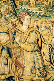 Schloss Bruchsal - Hauptbau / Corps de Logis - Von innen - Beletage - Gelbes Zimmer - Ostwand, nördliche Seite - Ausschnitt (links des Zentrums der Tapisserie) aus der Tapisserie "David besänftigt Saul mit Saitenspiel" der sechsteiligen Folge mit Szenen aus dem Alten Testament (hier: Episode aus der Geschichte Davids, 1. Buch Samuel, Kapitel 18; Inv.Nr. G 115; Höhe x Breite: 274 cm x 328 cm; hergestellt von Martin II Reymbouts in Brüssel, um 1600; restauriert 1965/66 und nach 2007) (aufgenommen im Oktober 2020, am Nachmittag) Schloss Bruchsal - Hauptbau / Corps de Logis - Von innen - Beletage - Gelbes Zimmer - Ostwand, nördliche Seite - Ausschnitt (links des Zentrums der Tapisserie) aus der Tapisserie "David besänftigt Saul mit Saitenspiel" der sechsteiligen Folge mit Szenen aus dem Alten Testament (hier: Episode aus der Geschichte Davids, 1. Buch Samuel, Kapitel 18; Inv.Nr. G 115; Höhe x Breite: 274 cm x 328 cm; hergestellt von Martin II Reymbouts in Brüssel, um 1600; restauriert 1965/66 und nach 2007) (aufgenommen im Oktober 2020, am Nachmittag)