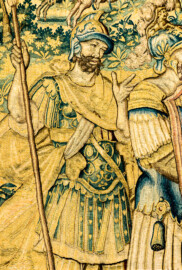 Schloss Bruchsal - Hauptbau / Corps de Logis - Von innen - Beletage - Gelbes Zimmer - Ostwand, nördliche Seite - Ausschnitt (links des Zentrums der Tapisserie) aus der Tapisserie "David besänftigt Saul mit Saitenspiel" der sechsteiligen Folge mit Szenen aus dem Alten Testament (hier: Episode aus der Geschichte Davids, 1. Buch Samuel, Kapitel 18; Inv.Nr. G 115; Höhe x Breite: 274 cm x 328 cm; hergestellt von Martin II Reymbouts in Brüssel, um 1600; restauriert 1965/66 und nach 2007) (aufgenommen im Oktober 2020, am Nachmittag) Schloss Bruchsal - Hauptbau / Corps de Logis - Von innen - Beletage - Gelbes Zimmer - Ostwand, nördliche Seite - Ausschnitt (links des Zentrums der Tapisserie) aus der Tapisserie "David besänftigt Saul mit Saitenspiel" der sechsteiligen Folge mit Szenen aus dem Alten Testament (hier: Episode aus der Geschichte Davids, 1. Buch Samuel, Kapitel 18; Inv.Nr. G 115; Höhe x Breite: 274 cm x 328 cm; hergestellt von Martin II Reymbouts in Brüssel, um 1600; restauriert 1965/66 und nach 2007) (aufgenommen im Oktober 2020, am Nachmittag)