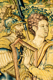 Schloss Bruchsal - Hauptbau / Corps de Logis - Von innen - Beletage - Gelbes Zimmer - Ostwand, nördliche Seite - Ausschnitt (links des Zentrums der Tapisserie) aus der Tapisserie "David besänftigt Saul mit Saitenspiel" der sechsteiligen Folge mit Szenen aus dem Alten Testament (hier: Episode aus der Geschichte Davids, 1. Buch Samuel, Kapitel 18; Inv.Nr. G 115; Höhe x Breite: 274 cm x 328 cm; hergestellt von Martin II Reymbouts in Brüssel, um 1600; restauriert 1965/66 und nach 2007) (aufgenommen im Oktober 2020, am Nachmittag) Schloss Bruchsal - Hauptbau / Corps de Logis - Von innen - Beletage - Gelbes Zimmer - Ostwand, nördliche Seite - Ausschnitt (links des Zentrums der Tapisserie) aus der Tapisserie "David besänftigt Saul mit Saitenspiel" der sechsteiligen Folge mit Szenen aus dem Alten Testament (hier: Episode aus der Geschichte Davids, 1. Buch Samuel, Kapitel 18; Inv.Nr. G 115; Höhe x Breite: 274 cm x 328 cm; hergestellt von Martin II Reymbouts in Brüssel, um 1600; restauriert 1965/66 und nach 2007) (aufgenommen im Oktober 2020, am Nachmittag)