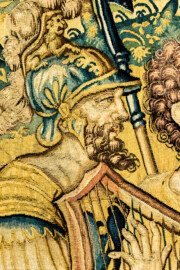 Schloss Bruchsal - Hauptbau / Corps de Logis - Von innen - Beletage - Gelbes Zimmer - Ostwand, nördliche Seite - Ausschnitt (links des Zentrums der Tapisserie) aus der Tapisserie "David besänftigt Saul mit Saitenspiel" der sechsteiligen Folge mit Szenen aus dem Alten Testament (hier: Episode aus der Geschichte Davids, 1. Buch Samuel, Kapitel 18; Inv.Nr. G 115; Höhe x Breite: 274 cm x 328 cm; hergestellt von Martin II Reymbouts in Brüssel, um 1600; restauriert 1965/66 und nach 2007) (aufgenommen im Oktober 2020, am Nachmittag) Schloss Bruchsal - Hauptbau / Corps de Logis - Von innen - Beletage - Gelbes Zimmer - Ostwand, nördliche Seite - Ausschnitt (links des Zentrums der Tapisserie) aus der Tapisserie "David besänftigt Saul mit Saitenspiel" der sechsteiligen Folge mit Szenen aus dem Alten Testament (hier: Episode aus der Geschichte Davids, 1. Buch Samuel, Kapitel 18; Inv.Nr. G 115; Höhe x Breite: 274 cm x 328 cm; hergestellt von Martin II Reymbouts in Brüssel, um 1600; restauriert 1965/66 und nach 2007) (aufgenommen im Oktober 2020, am Nachmittag)