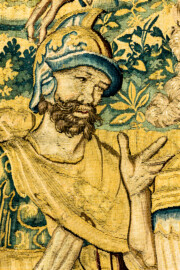 Schloss Bruchsal - Hauptbau / Corps de Logis - Von innen - Beletage - Gelbes Zimmer - Ostwand, nördliche Seite - Ausschnitt (links des Zentrums der Tapisserie) aus der Tapisserie "David besänftigt Saul mit Saitenspiel" der sechsteiligen Folge mit Szenen aus dem Alten Testament (hier: Episode aus der Geschichte Davids, 1. Buch Samuel, Kapitel 18; Inv.Nr. G 115; Höhe x Breite: 274 cm x 328 cm; hergestellt von Martin II Reymbouts in Brüssel, um 1600; restauriert 1965/66 und nach 2007) (aufgenommen im Oktober 2020, am Nachmittag) Schloss Bruchsal - Hauptbau / Corps de Logis - Von innen - Beletage - Gelbes Zimmer - Ostwand, nördliche Seite - Ausschnitt (links des Zentrums der Tapisserie) aus der Tapisserie "David besänftigt Saul mit Saitenspiel" der sechsteiligen Folge mit Szenen aus dem Alten Testament (hier: Episode aus der Geschichte Davids, 1. Buch Samuel, Kapitel 18; Inv.Nr. G 115; Höhe x Breite: 274 cm x 328 cm; hergestellt von Martin II Reymbouts in Brüssel, um 1600; restauriert 1965/66 und nach 2007) (aufgenommen im Oktober 2020, am Nachmittag)