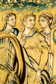 Schloss Bruchsal - Hauptbau / Corps de Logis - Von innen - Beletage - Gelbes Zimmer - Ostwand, nördliche Seite - Ausschnitt (links des Zentrums der Tapisserie) aus der Tapisserie "David besänftigt Saul mit Saitenspiel" der sechsteiligen Folge mit Szenen aus dem Alten Testament (hier: Episode aus der Geschichte Davids, 1. Buch Samuel, Kapitel 18; Inv.Nr. G 115; Höhe x Breite: 274 cm x 328 cm; hergestellt von Martin II Reymbouts in Brüssel, um 1600; restauriert 1965/66 und nach 2007) (aufgenommen im Oktober 2020, am Nachmittag) Schloss Bruchsal - Hauptbau / Corps de Logis - Von innen - Beletage - Gelbes Zimmer - Ostwand, nördliche Seite - Ausschnitt (links des Zentrums der Tapisserie) aus der Tapisserie "David besänftigt Saul mit Saitenspiel" der sechsteiligen Folge mit Szenen aus dem Alten Testament (hier: Episode aus der Geschichte Davids, 1. Buch Samuel, Kapitel 18; Inv.Nr. G 115; Höhe x Breite: 274 cm x 328 cm; hergestellt von Martin II Reymbouts in Brüssel, um 1600; restauriert 1965/66 und nach 2007) (aufgenommen im Oktober 2020, am Nachmittag)