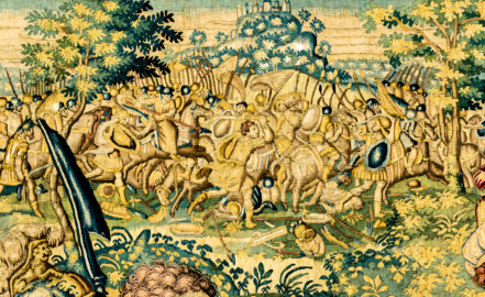 Schloss Bruchsal - Hauptbau / Corps de Logis - Von innen - Beletage - Gelbes Zimmer - Ostwand, nördliche Seite - Ausschnitt (oben, links der Mitte) aus der Tapisserie "David besänftigt Saul mit Saitenspiel" der sechsteiligen Folge mit Szenen aus dem Alten Testament (hier: Episode aus der Geschichte Davids, 1. Buch Samuel, Kapitel 18; Inv.Nr. G 115; Höhe x Breite: 274 cm x 328 cm; hergestellt von Martin II Reymbouts in Brüssel, um 1600; restauriert 1965/66 und nach 2007) (aufgenommen im Oktober 2020, am Nachmittag) Schloss Bruchsal - Hauptbau / Corps de Logis - Von innen - Beletage - Gelbes Zimmer - Ostwand, nördliche Seite - Ausschnitt (oben, links der Mitte) aus der Tapisserie "David besänftigt Saul mit Saitenspiel" der sechsteiligen Folge mit Szenen aus dem Alten Testament (hier: Episode aus der Geschichte Davids, 1. Buch Samuel, Kapitel 18; Inv.Nr. G 115; Höhe x Breite: 274 cm x 328 cm; hergestellt von Martin II Reymbouts in Brüssel, um 1600; restauriert 1965/66 und nach 2007) (aufgenommen im Oktober 2020, am Nachmittag)