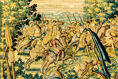 Schloss Bruchsal - Hauptbau / Corps de Logis - Von innen - Beletage - Gelbes Zimmer - Ostwand, nördliche Seite - Ausschnitt (oben, ganz links) aus der Tapisserie "David besänftigt Saul mit Saitenspiel" der sechsteiligen Folge mit Szenen aus dem Alten Testament (hier: Episode aus der Geschichte Davids, 1. Buch Samuel, Kapitel 18; Inv.Nr. G 115; Höhe x Breite: 274 cm x 328 cm; hergestellt von Martin II Reymbouts in Brüssel, um 1600; restauriert 1965/66 und nach 2007) (aufgenommen im Oktober 2020, am Nachmittag) Schloss Bruchsal - Hauptbau / Corps de Logis - Von innen - Beletage - Gelbes Zimmer - Ostwand, nördliche Seite - Ausschnitt (oben, ganz links) aus der Tapisserie "David besänftigt Saul mit Saitenspiel" der sechsteiligen Folge mit Szenen aus dem Alten Testament (hier: Episode aus der Geschichte Davids, 1. Buch Samuel, Kapitel 18; Inv.Nr. G 115; Höhe x Breite: 274 cm x 328 cm; hergestellt von Martin II Reymbouts in Brüssel, um 1600; restauriert 1965/66 und nach 2007) (aufgenommen im Oktober 2020, am Nachmittag)