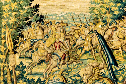 Schloss Bruchsal - Hauptbau / Corps de Logis - Von innen - Beletage - Gelbes Zimmer - Ostwand, nördliche Seite - Ausschnitt (oben, ganz links) aus der Tapisserie "David besänftigt Saul mit Saitenspiel" der sechsteiligen Folge mit Szenen aus dem Alten Testament (hier: Episode aus der Geschichte Davids, 1. Buch Samuel, Kapitel 18; Inv.Nr. G 115; Höhe x Breite: 274 cm x 328 cm; hergestellt von Martin II Reymbouts in Brüssel, um 1600; restauriert 1965/66 und nach 2007) (aufgenommen im Oktober 2020, am Nachmittag) Schloss Bruchsal - Hauptbau / Corps de Logis - Von innen - Beletage - Gelbes Zimmer - Ostwand, nördliche Seite - Ausschnitt (oben, ganz links) aus der Tapisserie "David besänftigt Saul mit Saitenspiel" der sechsteiligen Folge mit Szenen aus dem Alten Testament (hier: Episode aus der Geschichte Davids, 1. Buch Samuel, Kapitel 18; Inv.Nr. G 115; Höhe x Breite: 274 cm x 328 cm; hergestellt von Martin II Reymbouts in Brüssel, um 1600; restauriert 1965/66 und nach 2007) (aufgenommen im Oktober 2020, am Nachmittag)