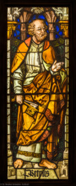 Städtisches Museum Bruchsal - Schloss Bruchsal - Hauptbau / Corps de Logis - Hinterglasbild des Heiligen Petrus (montiert in eine gläserne Stellwand aus dem Besitz der kath. Pfarrgemeinde von St. Peter, Bruchsal; Künstler unbekannt; geschaffen um 1910) (aufgenommen im Oktober 2020, am Nachmittag)