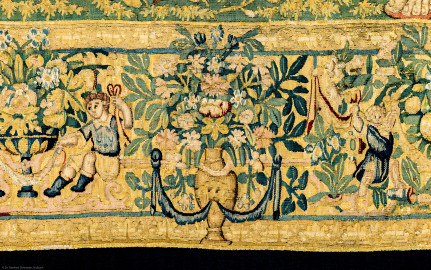 Schloss Bruchsal - Hauptbau / Corps de Logis - Von innen - Beletage - Gelbes Zimmer - Ostwand, nördliche Seite - Ausschnitt (untere Bordüre, rechts, Mitte) aus der Tapisserie "David besänftigt Saul mit Saitenspiel" der sechsteiligen Folge mit Szenen aus dem Alten Testament (hier: Episode aus der Geschichte Davids, 1. Buch Samuel, Kapitel 18; Inv.Nr. G 115; Höhe x Breite: 274 cm x 328 cm; hergestellt von Martin II Reymbouts in Brüssel, um 1600; restauriert 1965/66 und nach 2007) (aufgenommen im November 2020, am späten Vormittag) Schloss Bruchsal - Hauptbau / Corps de Logis - Von innen - Beletage - Gelbes Zimmer - Ostwand, nördliche Seite - Ausschnitt (untere Bordüre, rechts, Mitte) aus der Tapisserie "David besänftigt Saul mit Saitenspiel" der sechsteiligen Folge mit Szenen aus dem Alten Testament (hier: Episode aus der Geschichte Davids, 1. Buch Samuel, Kapitel 18; Inv.Nr. G 115; Höhe x Breite: 274 cm x 328 cm; hergestellt von Martin II Reymbouts in Brüssel, um 1600; restauriert 1965/66 und nach 2007) (aufgenommen im November 2020, am späten Vormittag)