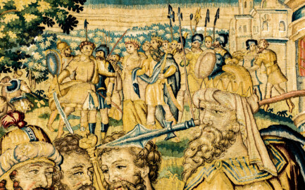 Schloss Bruchsal - Hauptbau / Corps de Logis - Von innen - Beletage - Gelbes Zimmer - Ostwand, nördliche Seite - Ausschnitt (oben, rechts der Mitte) aus der Tapisserie "David besänftigt Saul mit Saitenspiel" der sechsteiligen Folge mit Szenen aus dem Alten Testament (hier: Episode aus der Geschichte Davids, 1. Buch Samuel, Kapitel 18; Inv.Nr. G 115; Höhe x Breite: 274 cm x 328 cm; hergestellt von Martin II Reymbouts in Brüssel, um 1600; restauriert 1965/66 und nach 2007) (aufgenommen im November 2020, um die Mittagszeit) Schloss Bruchsal - Hauptbau / Corps de Logis - Von innen - Beletage - Gelbes Zimmer - Ostwand, nördliche Seite - Ausschnitt (oben, rechts der Mitte) aus der Tapisserie "David besänftigt Saul mit Saitenspiel" der sechsteiligen Folge mit Szenen aus dem Alten Testament (hier: Episode aus der Geschichte Davids, 1. Buch Samuel, Kapitel 18; Inv.Nr. G 115; Höhe x Breite: 274 cm x 328 cm; hergestellt von Martin II Reymbouts in Brüssel, um 1600; restauriert 1965/66 und nach 2007) (aufgenommen im November 2020, um die Mittagszeit)