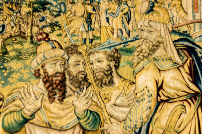 Schloss Bruchsal - Hauptbau / Corps de Logis - Von innen - Beletage - Gelbes Zimmer - Ostwand, nördliche Seite - Ausschnitt aus der Tapisserie "David besänftigt Saul mit Saitenspiel" der sechsteiligen Folge mit Szenen aus dem Alten Testament (hier: Episode aus der Geschichte Davids, 1. Buch Samuel, Kapitel 18; Inv.Nr. G 115; Höhe x Breite: 274 cm x 328 cm; hergestellt von Martin II Reymbouts in Brüssel, um 1600; restauriert 1965/66 und nach 2007) (aufgenommen im November 2020, am frühen Nachmittag) Schloss Bruchsal - Hauptbau / Corps de Logis - Von innen - Beletage - Gelbes Zimmer - Ostwand, nördliche Seite - Ausschnitt aus der Tapisserie "David besänftigt Saul mit Saitenspiel" der sechsteiligen Folge mit Szenen aus dem Alten Testament (hier: Episode aus der Geschichte Davids, 1. Buch Samuel, Kapitel 18; Inv.Nr. G 115; Höhe x Breite: 274 cm x 328 cm; hergestellt von Martin II Reymbouts in Brüssel, um 1600; restauriert 1965/66 und nach 2007) (aufgenommen im November 2020, am frühen Nachmittag)